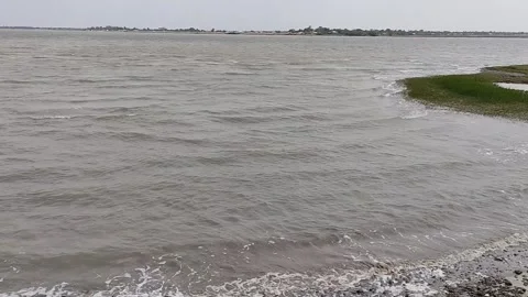 Scenic View of River Waves Hitting Shore with Green Bank Vídeos de archivo 278587475