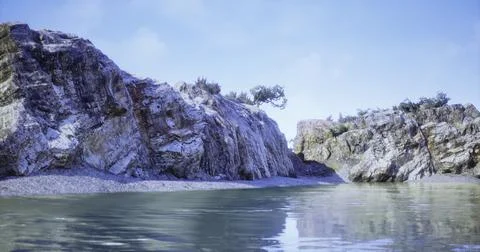 Scenic view of rocky cliffs above calm water in bright sunlight Ilustração Stock