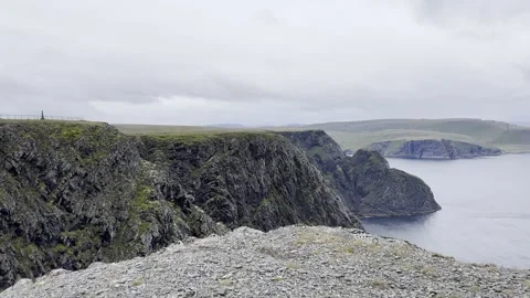 Scenic view of rocky cliffs and the Arctic Ocean at Nordkapp. Stock Footage 340331509