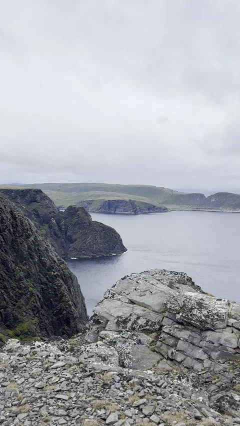 Scenic view of rocky cliffs and the Arctic Ocean at Nordkapp. Stock Footage 340331584