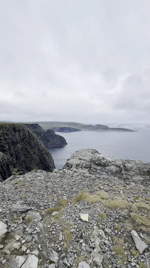 Scenic view of rocky cliffs and the Arctic Ocean at Nordkapp. Stock Footage 340331675