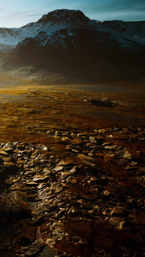 Scenic view of a rocky landscape under a setting sun in a remote area Stock Footage 346758388