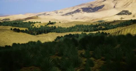 Scenic view of rolling hills and lush greenery under a clear blue sky Illustration