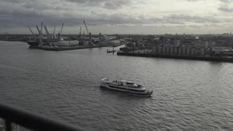 Scenic view row big cargo container ship loading Hamburg city port harbour Stock Footage 272976109