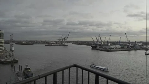 Scenic view row big cargo container ship loading Hamburg city port harbour Video stock 272976173