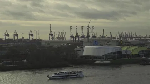 Scenic view row big cargo container ship loading Hamburg city port harbour Video stock 272976397