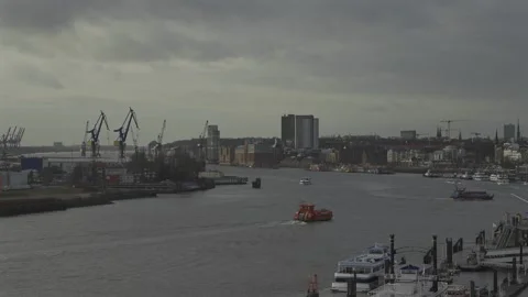 Scenic view row big cargo container ship loading Hamburg city port harbour Video stock 272976547