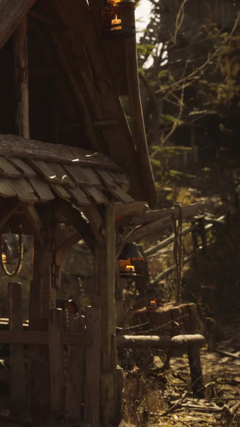 Scenic view of a rustic cabin in a wooded area during afternoon light Stock Footage 339041901