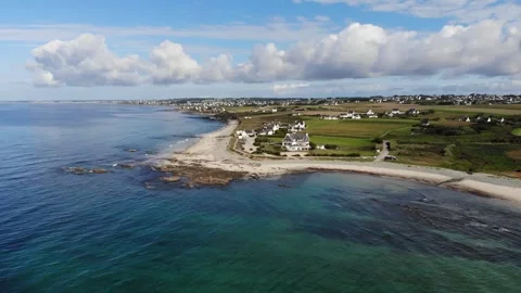 Scenic view of the sandy beach and ocean coast in Plozevet, Brittany, France Stock Footage 341883133