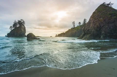Scenic view of sea stack in Second beach when sunset,in mt Olympic National p Stock Photos
