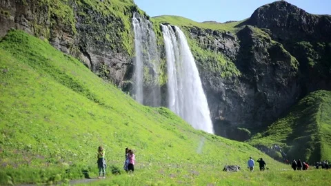 Scenic view of Seljalandsfoss waterfall Stock Footage 302633644