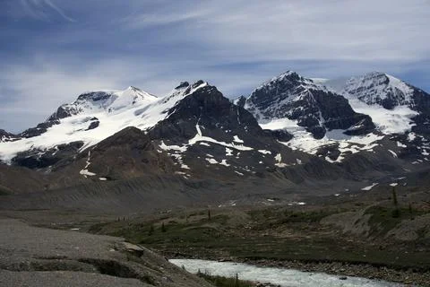 Scenic view of snowfields and the Sunwapta River valley in Alberta Canada Stock Photos