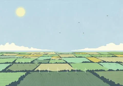 Scenic view of sun in sky over lush, idyllic green farm crops with wind turbines Stock Illustration