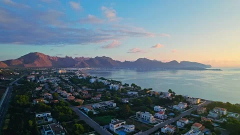 Scenic view of a sunset over mountains and houses of Majorca Island, Spain. Stock Footage 197488684