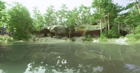 Scenic view of a tranquil lake surrounded by lush forest and rocky formations Stock Illustration