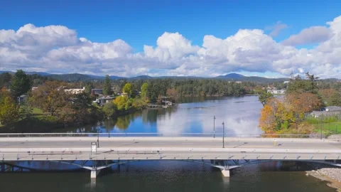 Scenic view of a tranquil river with a bridge in Victoria, Canada Stock Footage 293811893