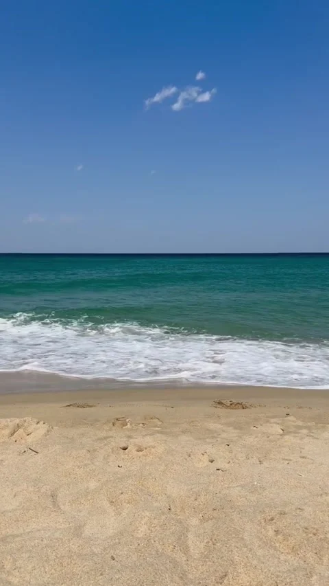 Scenic view of turquoise ocean waves crashing on sandy beach under clear blue Vidéo 334084947