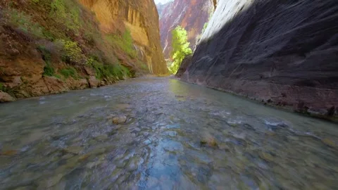 Scenic View of the Virgin River Flowing Through The Narrows Canyon, Zion Nationa Stock Footage 332022284