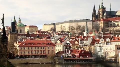 Scenic view of Vltava river and castle of Prague Stock Footage 72487997