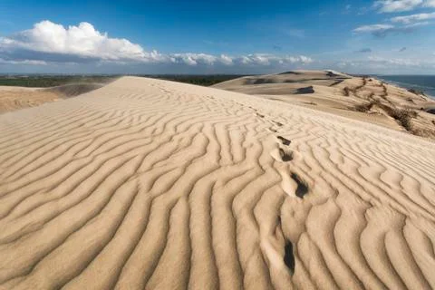 Scenic view of wave pattern on sand at beach against blue sky Stock Photos