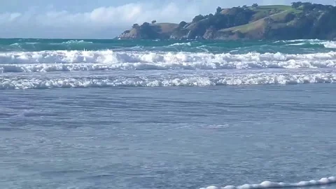 Scenic view of waves crashing on a sandy beach with rolling green hills in the Vidéo 334163690