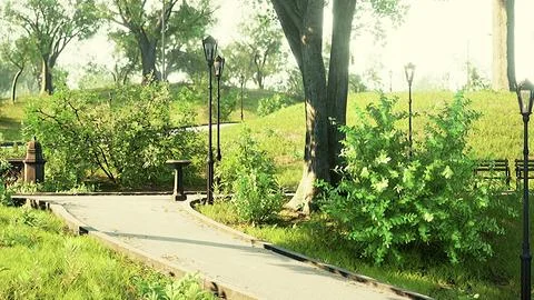 Scenic View of a Winding Stone Path through a Peaceful Green City Park Illustrazione stock