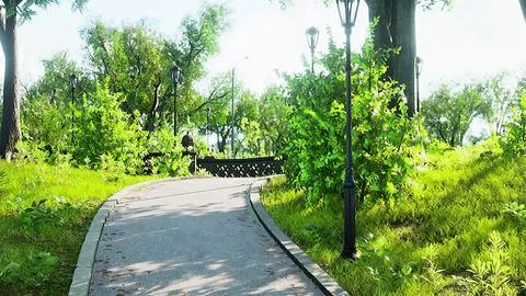 Scenic View of a Winding Stone Path through a Peaceful Green City Park Illustrazione stock