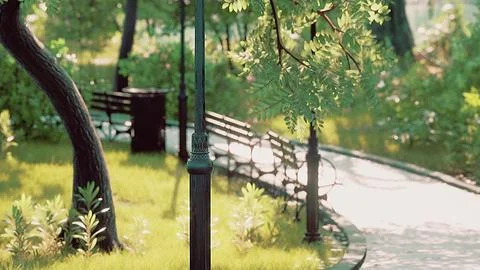 Scenic View of a Winding Stone Path through a Peaceful Green City Park Ilustración de archivo