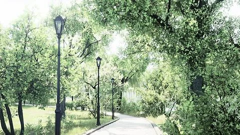 Scenic View of a Winding Stone Path through a Peaceful Green City Park Ilustración de archivo