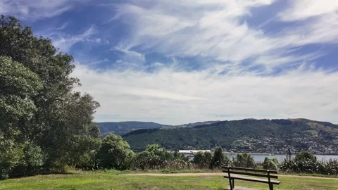 Scenic view with wispy clouds from a park bench Stock Footage 329574451