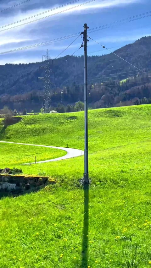 Scenic views from a train window as it glides past blooming meadows and majestic Vidéo 311911032