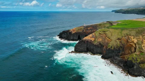 Scenic volcanic coast with dark basalt formations, Sao Miguel island, Azores Stock Footage 340068273