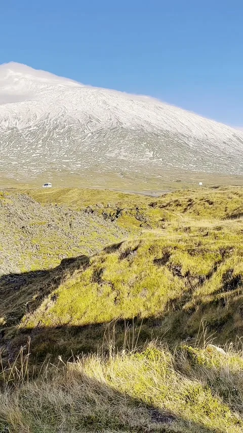 Scenic volcanic landscape with lava fields, green grasslands  in West and North Vidéo 320150290