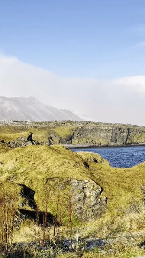 Scenic volcanic landscape with lava fields, green grasslands  in West and North 動画素材 320150524