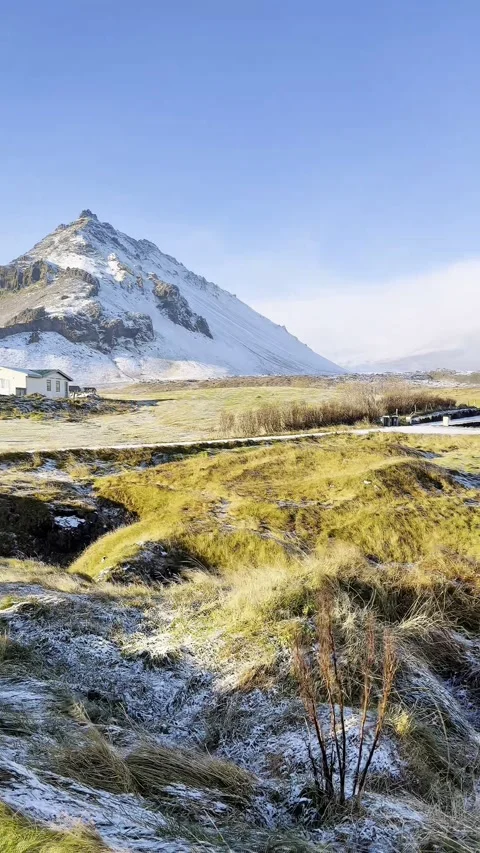 Scenic volcanic landscape with lava fields, green grasslands  in West and North 動画素材 320150600