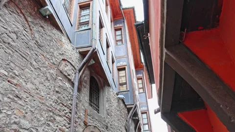 Scenic walk through the narrow cobblestone street and historic houses of Plovdiv Stock Footage 332127945