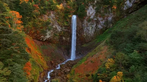 Scenic waterfall in colourful fall forest, autumn hiking in Japanese mountains Stock Footage 255376712