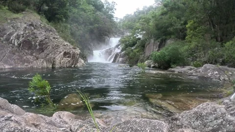 Scenic waterfall flowing into a river in a lush forest Stock-Footage 330547209
