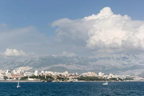 Scenic Waterfront View of Split With Historical Architecture and Mountain B.. Stock Photos