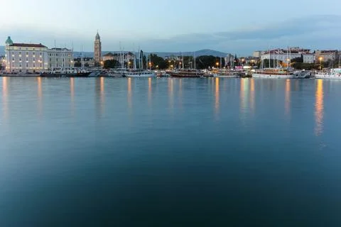 Scenic Waterfront View of Split With Historical Architecture and Mountain B.. Stock Photos