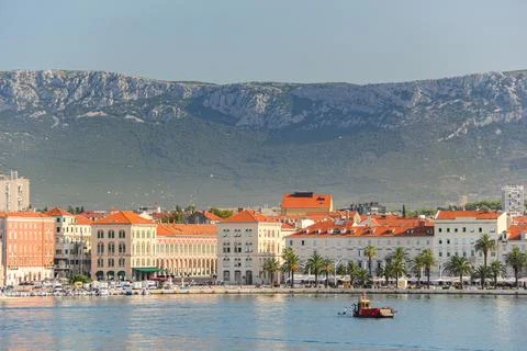 Scenic Waterfront View of Split With Historical Architecture and Mountain B.. Stock Photos