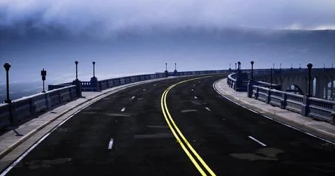 Scenic winding road under cloudy sky near bridge at dawn Stock Illustration