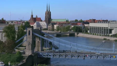 Scenic Wroclaw and Oder river with transportation Stock Footage 271573292