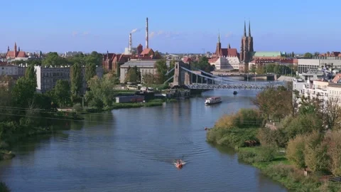 Scenic Wroclaw and Oder river with transportation Stock Footage 271573572