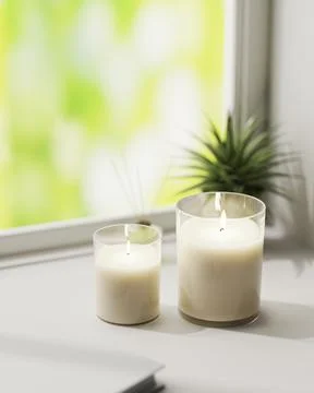 Scented candle, burning white aromatic candles in glass on white surface with Stock Illustration