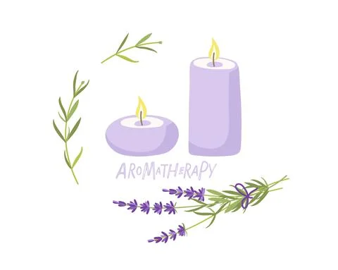 Scented candles. Aromatherapy. Composition with candles, lavender grass and Stock Illustration