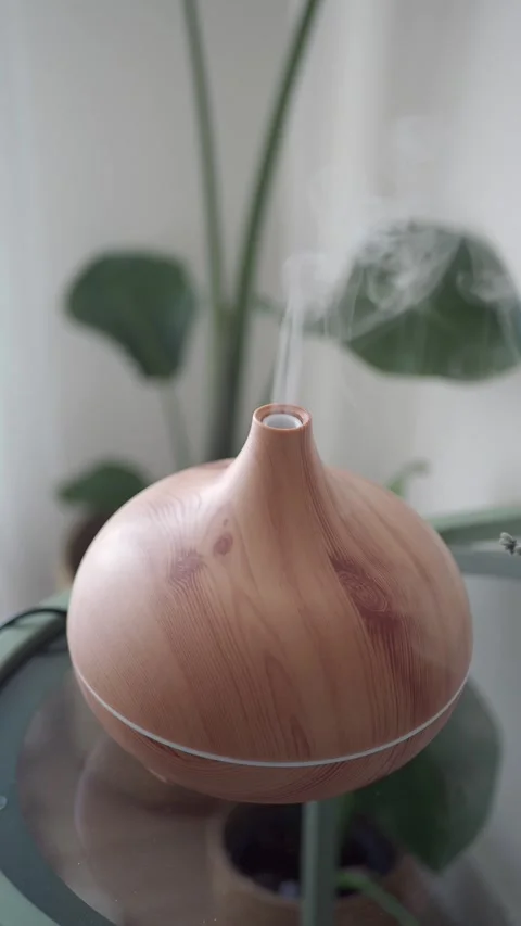 Scented oil diffuser works in a room with plants Stockbeeldmateriaal 339645779