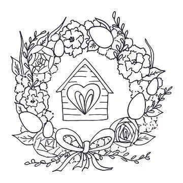 Scetch of Easter wreath of flowers decorated with painted eggs, ribbon and ho Stock Illustration
