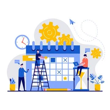 Schedule concept with tiny character. Business team plans the work of the c.. Stock Illustration