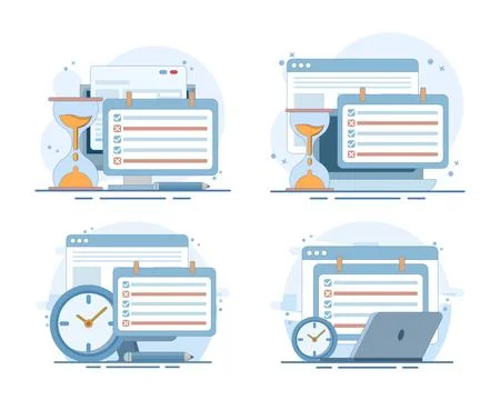 Schedule planning set featuring calendars, task organization. Stock Illustration